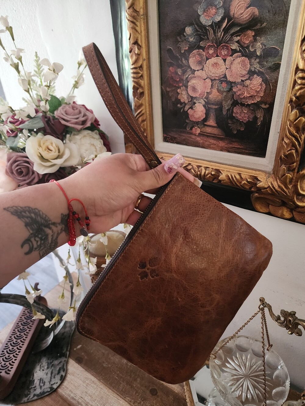 Patricia Nash Genuine Leather Brown Tote Handbag & Matching Wristlet Clutch Set - Picture 16 of 16